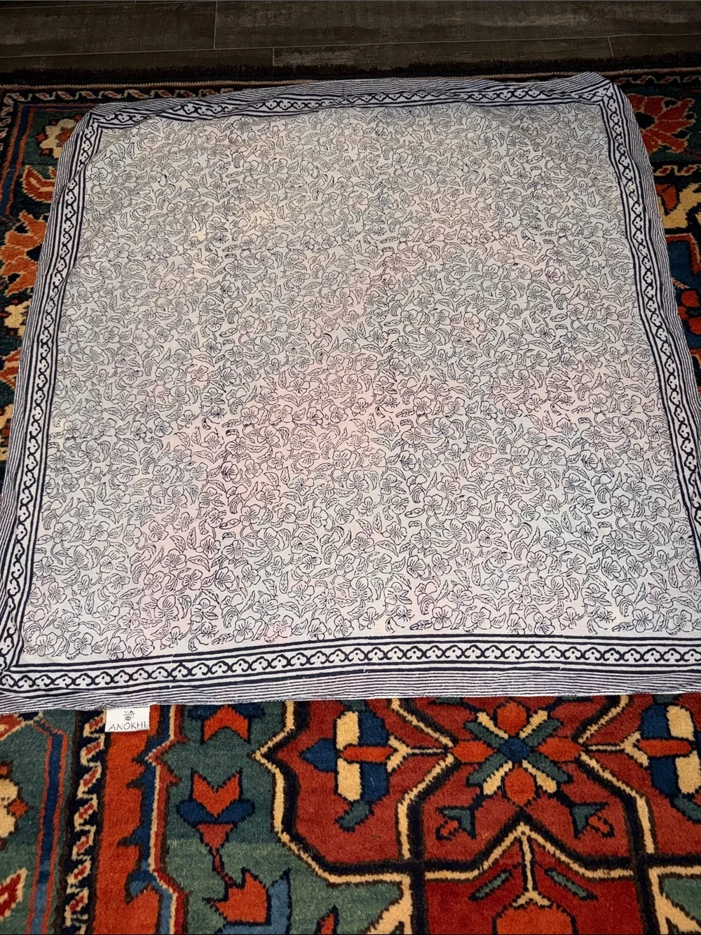 Light Blue and White Floral Block Print Scarf- ANOKHI 100% Cotton 30
